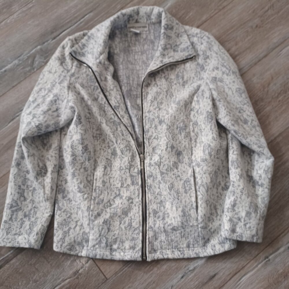 Cathy Daniels Flowery Grey/White Lace Zip Up Vintage Classic Girly Jacket Size L
